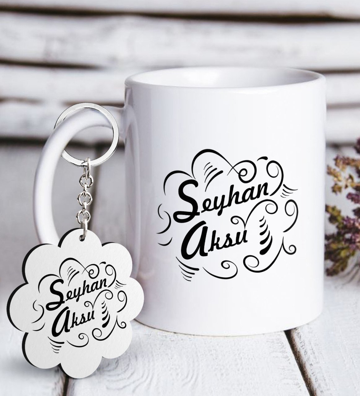 Kişiye Özel İsimli Beyaz Kupa ve Anahtarlık Hediye Seti-6