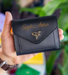BK Gift Kişiye Özel İsimli Vegan Deri Mini Siyah Kadın Cüzdanı, Sevgiliye Hediye, Anneye Hediye, Arkadaşa Hediye