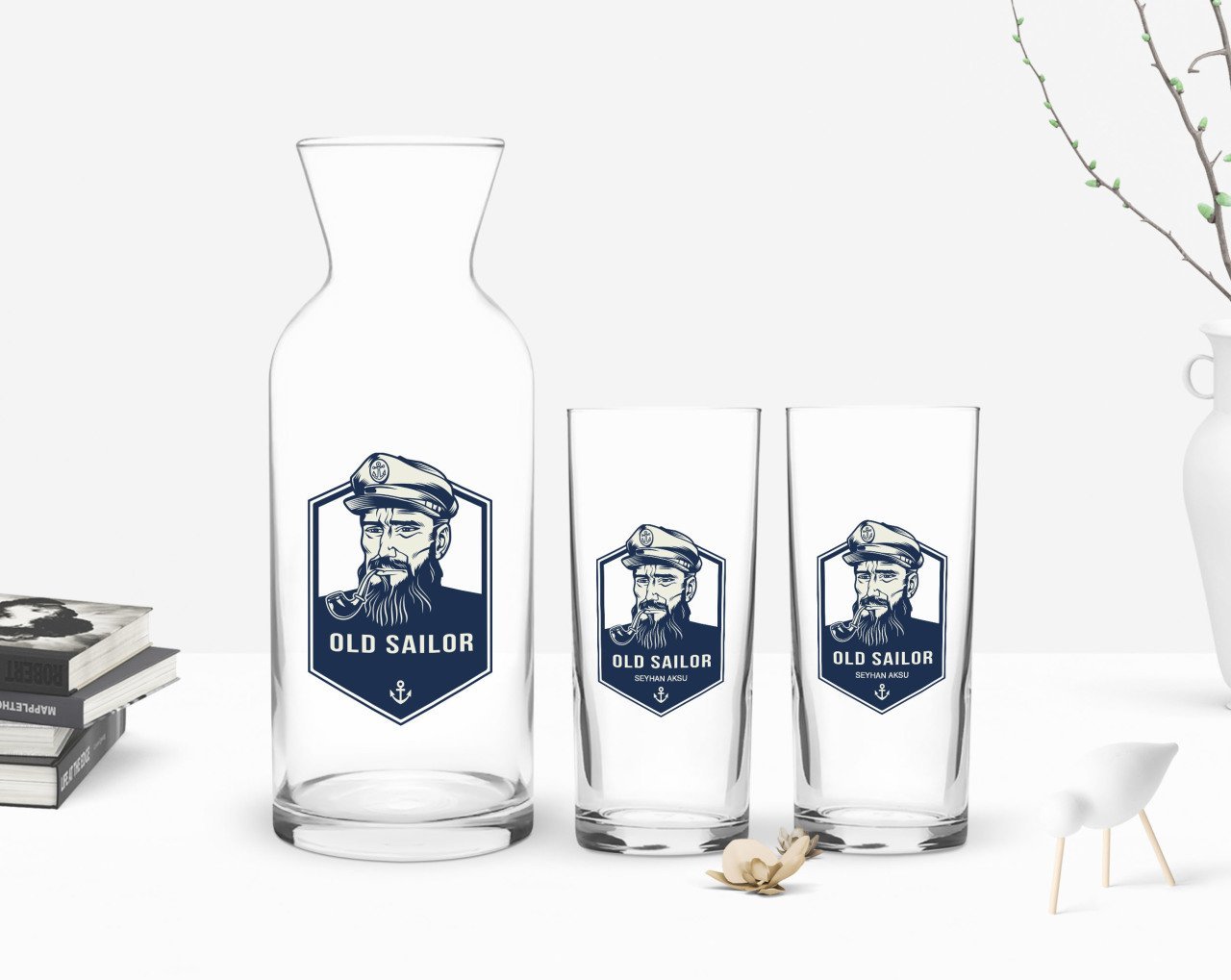 Kişiye Özel Renkli Baskılı Denizci Tasarımlı İkili Rakı Bardağı ve Karaf Hediye Seti-1