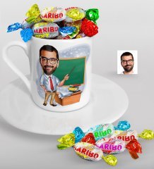 Kişiye Özel Bay Öğretmen Karikatürlü Türk Kahvesi Fincanı ve Haribo Şeker Hediye Seti-1