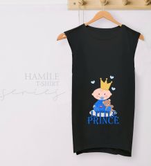 BK Gift Little Prince Tasarımlı Siyah Sıfır Kol Hamile Tişört-1, Hamile Giyim, Eşe Hediye