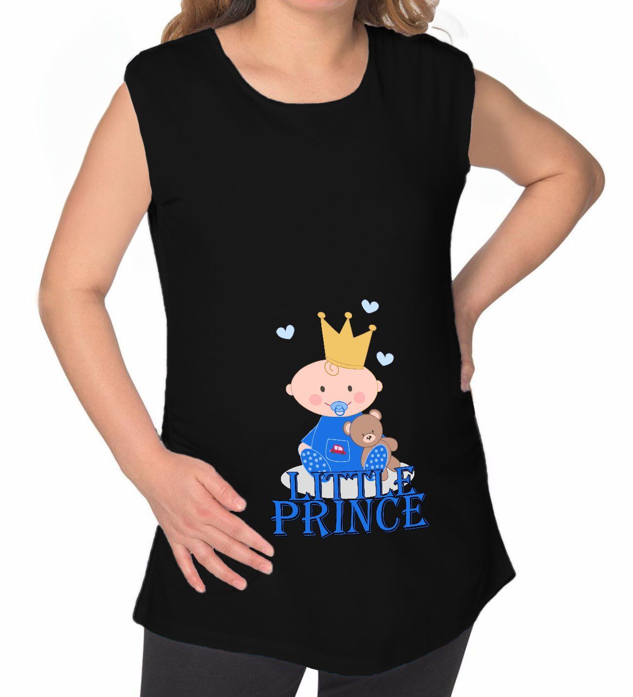 BK Gift Little Prince Tasarımlı Siyah Sıfır Kol Hamile Tişört-1, Hamile Giyim, Eşe Hediye
