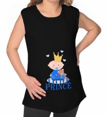BK Gift Little Prince Tasarımlı Siyah Sıfır Kol Hamile Tişört-1, Hamile Giyim, Eşe Hediye