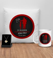 BK Gift Kişiye Özel Öğretmenler Günü Tasarımlı Beyaz Kupa Yastık ve İsimli Papatya Kolye Hediye Seti- 10, Öğretmene Hediye, Öğretmenler Günü