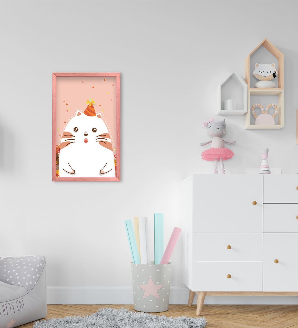 BK Home Tatlı Kedi Tasarımlı Dekoratif Pembe Ahşap Çerçeveli Çocuk Odası Tablo-1