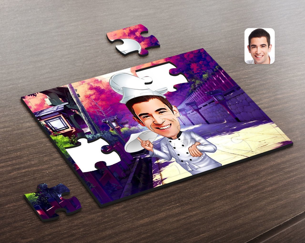 Kişiye Özel Erkek Pizza Şefi Karikatürlü Ahşap Puzzle-1