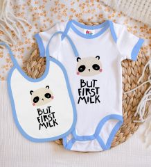BK Kids But First Milk Tasarımlı Mavi Bebek Body Zıbın ve Mama Önlüğü Hediye Seti-1