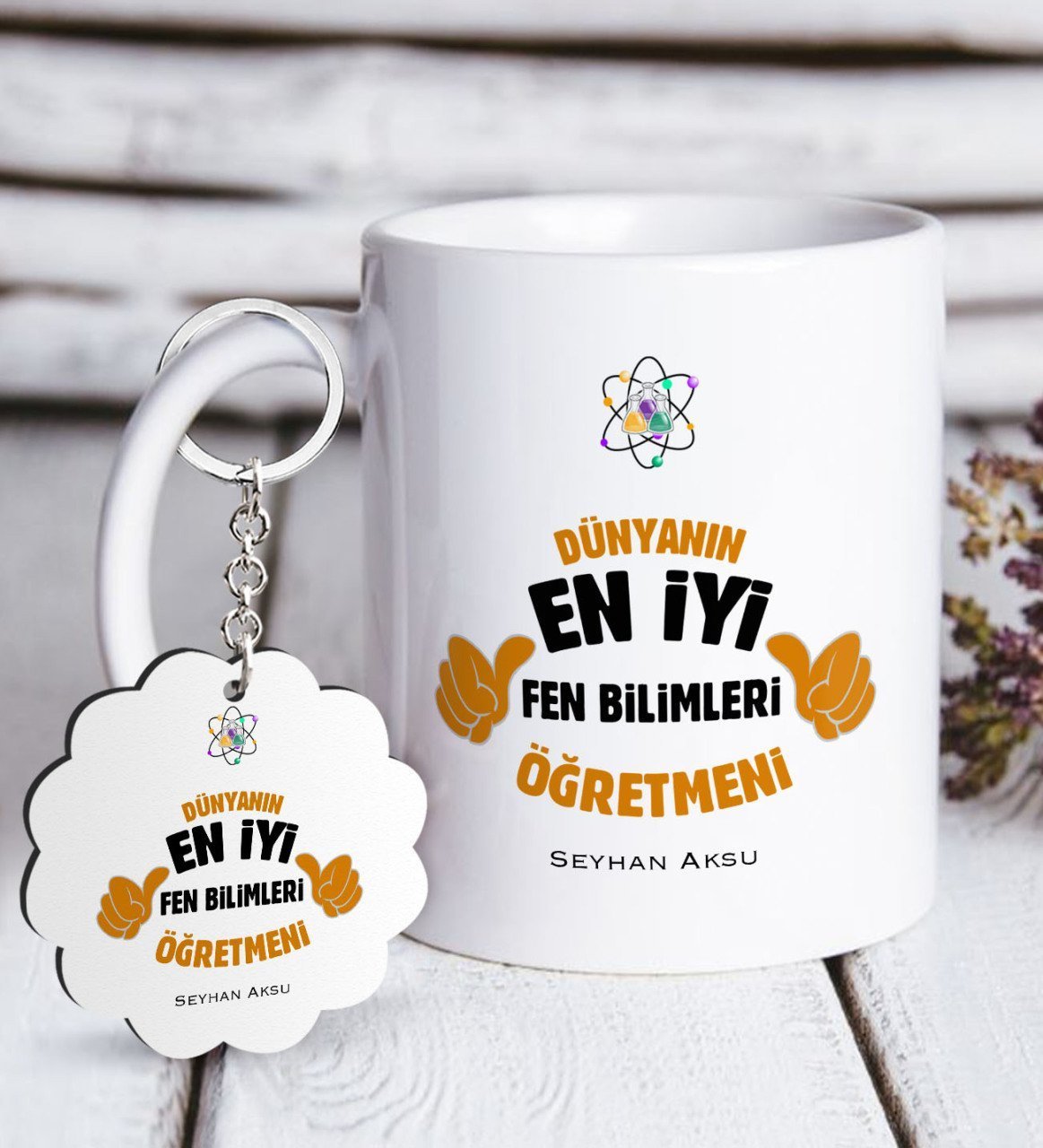 Kişiye Özel Fen Bilimleri Öğretmeni Beyaz Kupa ve Anahtarlık Hediye Seti-1