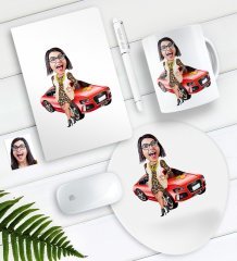 Kişiye Özel Bayan Patron Karikatürlü Defter Kalem Kupa Mouse Pad Seti-2