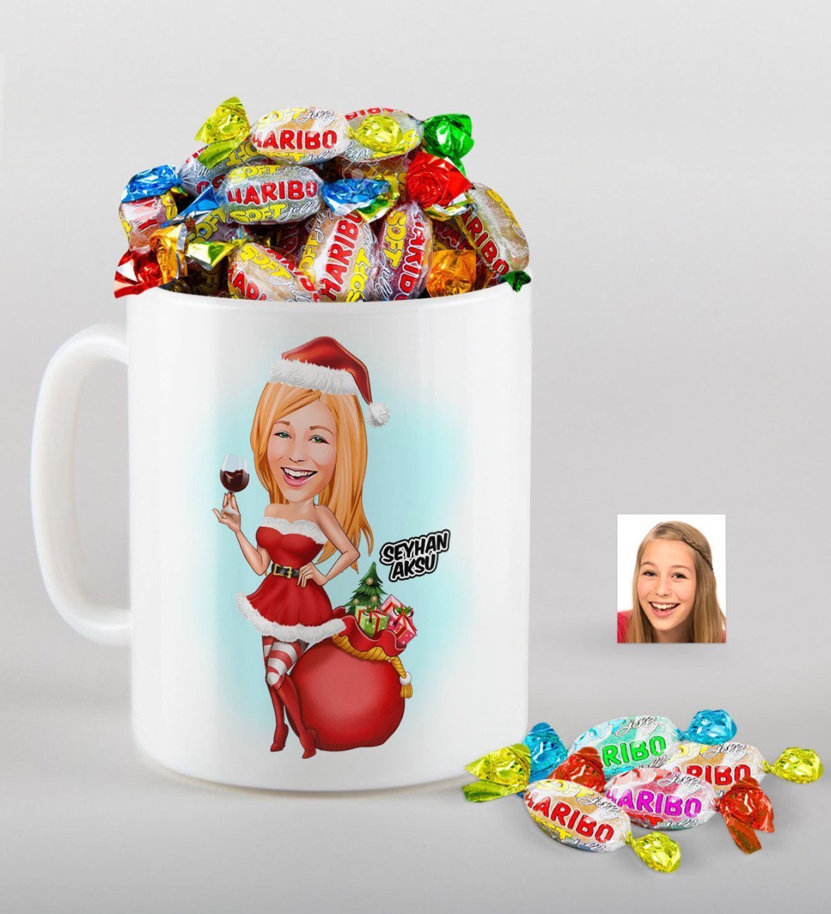 Kişiye Özel Kadın Yeni Yıl Karikatürlü Beyaz Kupa ve Haribo Şeker Hediye Seti-1