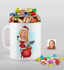 Kişiye Özel Kadın Yeni Yıl Karikatürlü Beyaz Kupa ve Haribo Şeker Hediye Seti-1