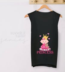 BK Gift Little Princess Tasarımlı Siyah Sıfır Kol Hamile Tişört-2, Hamile Giyim, Eşe Hediye