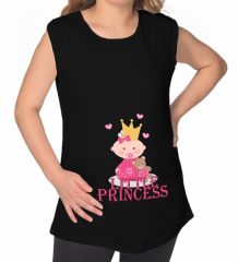 BK Gift Little Princess Tasarımlı Siyah Sıfır Kol Hamile Tişört-2, Hamile Giyim, Eşe Hediye