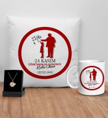 BK Gift Kişiye Özel Öğretmenler Günü Tasarımlı Beyaz Kupa Yastık ve İsimli Papatya Kolye Hediye Seti- 9, Öğretmene Hediye, Öğretmenler Günü