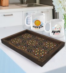 Kişiye Özel Güneşim ve Ayım Tasarımlı 2'li Kupa Bardak Seti ve Doğal Ahşap Tepsi