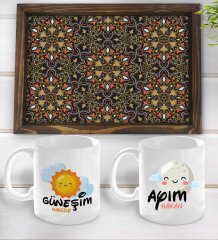 Kişiye Özel Güneşim ve Ayım Tasarımlı 2'li Kupa Bardak Seti ve Doğal Ahşap Tepsi