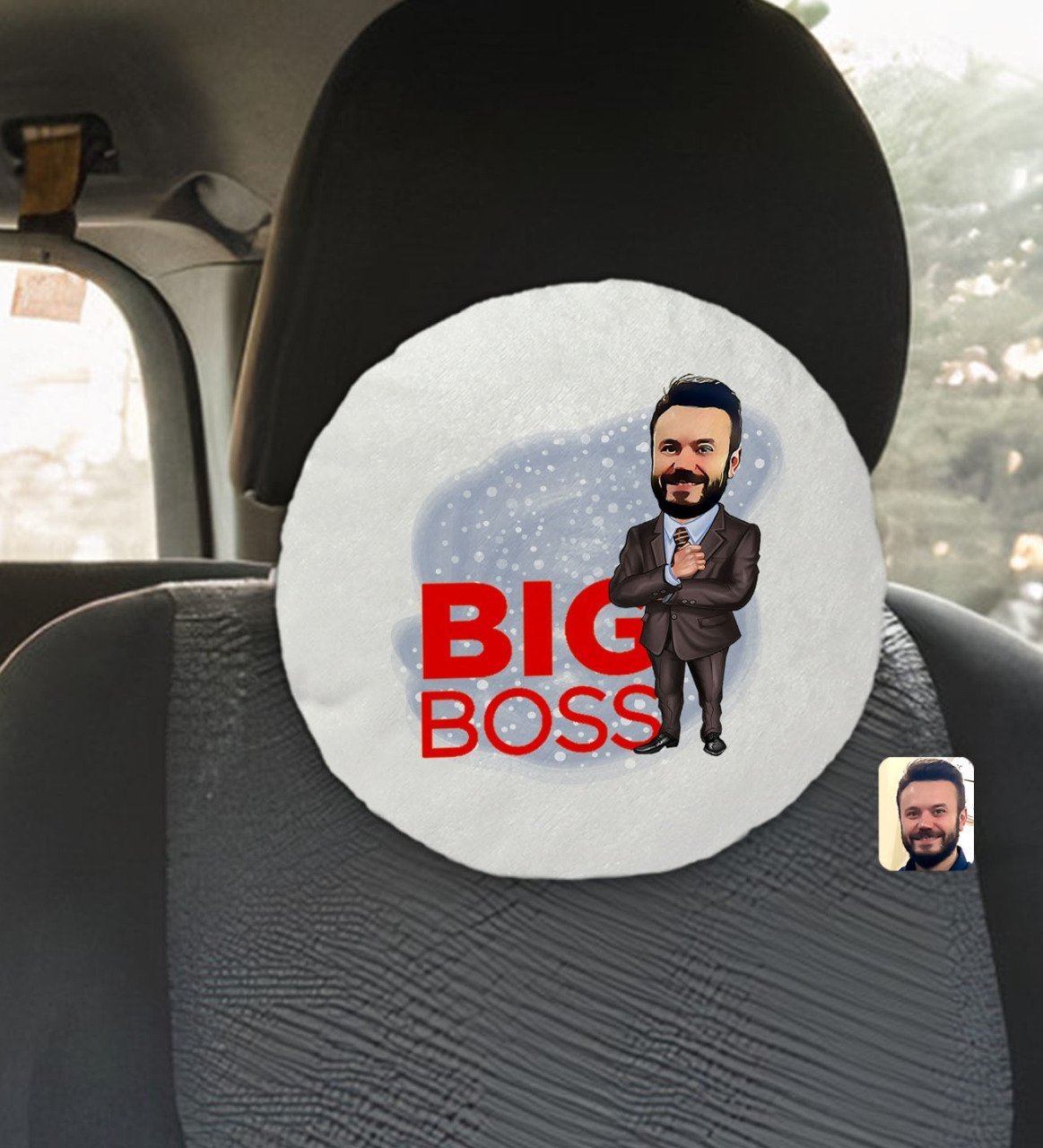 Kişiye Özel Erkek Big Boss Karikatürlü Yuvarlak Araç Koltuk Yastığı-2