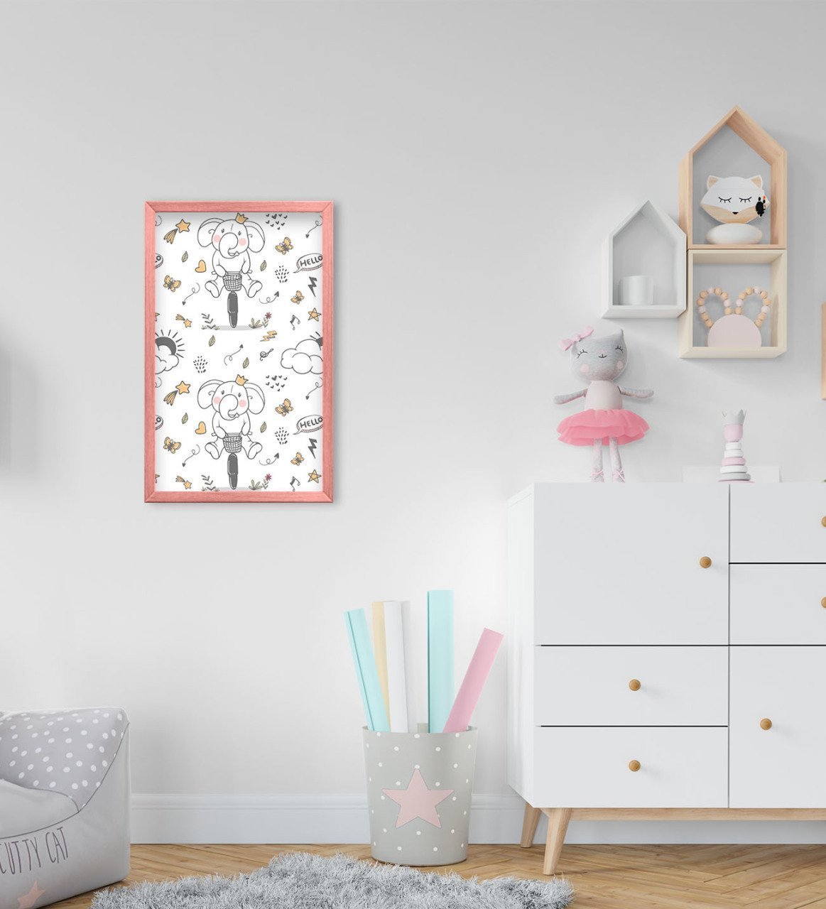 BK Home Tatlı Fil Tasarımlı Dekoratif Pembe Ahşap Çerçeveli Çocuk Odası Tablo-3