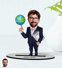 Kişiye Özel Erkek Coğrafya Öğretmeni Karikatürlü Ahşap Biblo Model-1