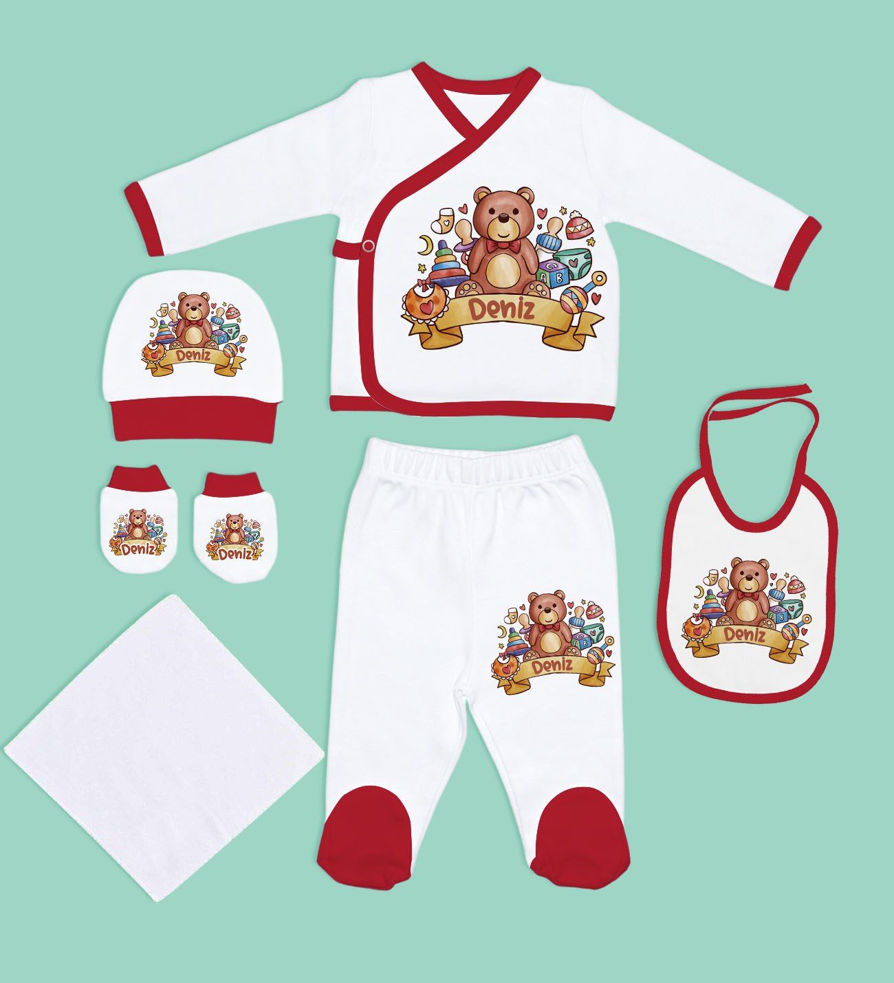BK Kids Kişiye Özel Hastane Çıkışı, Bebek Kıyafeti, Yeni Doğan Bebek Hediyesi, 6 Parça Kırmızı Bebek Elbise Giyim Seti-22