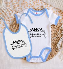 BK Kids Amca Baba Gibi Tasarımlı Mavi Bebek Body Zıbın ve Mama Önlüğü Hediye Seti-1