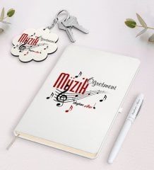 Kişiye Özel Müzik Öğretmeni Beyaz Defter Kalem ve Anahtarlık Hediye Seti