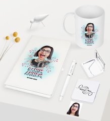 Kişiye Özel Canım Annem Karikatürlü Beyaz Defter Kalem Kupa Ayna Seti