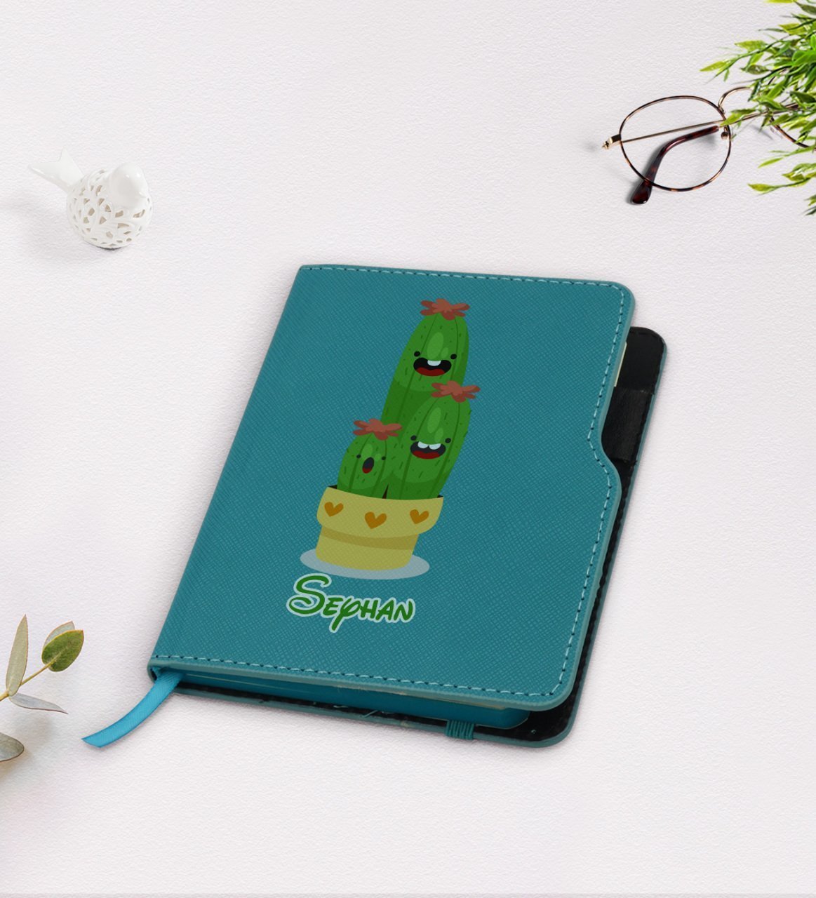Kişiye Özel Kaktüs Tasarımlı Turkuaz Termo Deri Defter-9