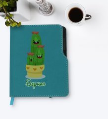 Kişiye Özel Kaktüs Tasarımlı Turkuaz Termo Deri Defter-9