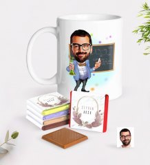 Kişiye Özel Erkek Kimya Öğretmeni Karikatürlü Beyaz Kupa ve Çikolata Hediye Seti-1