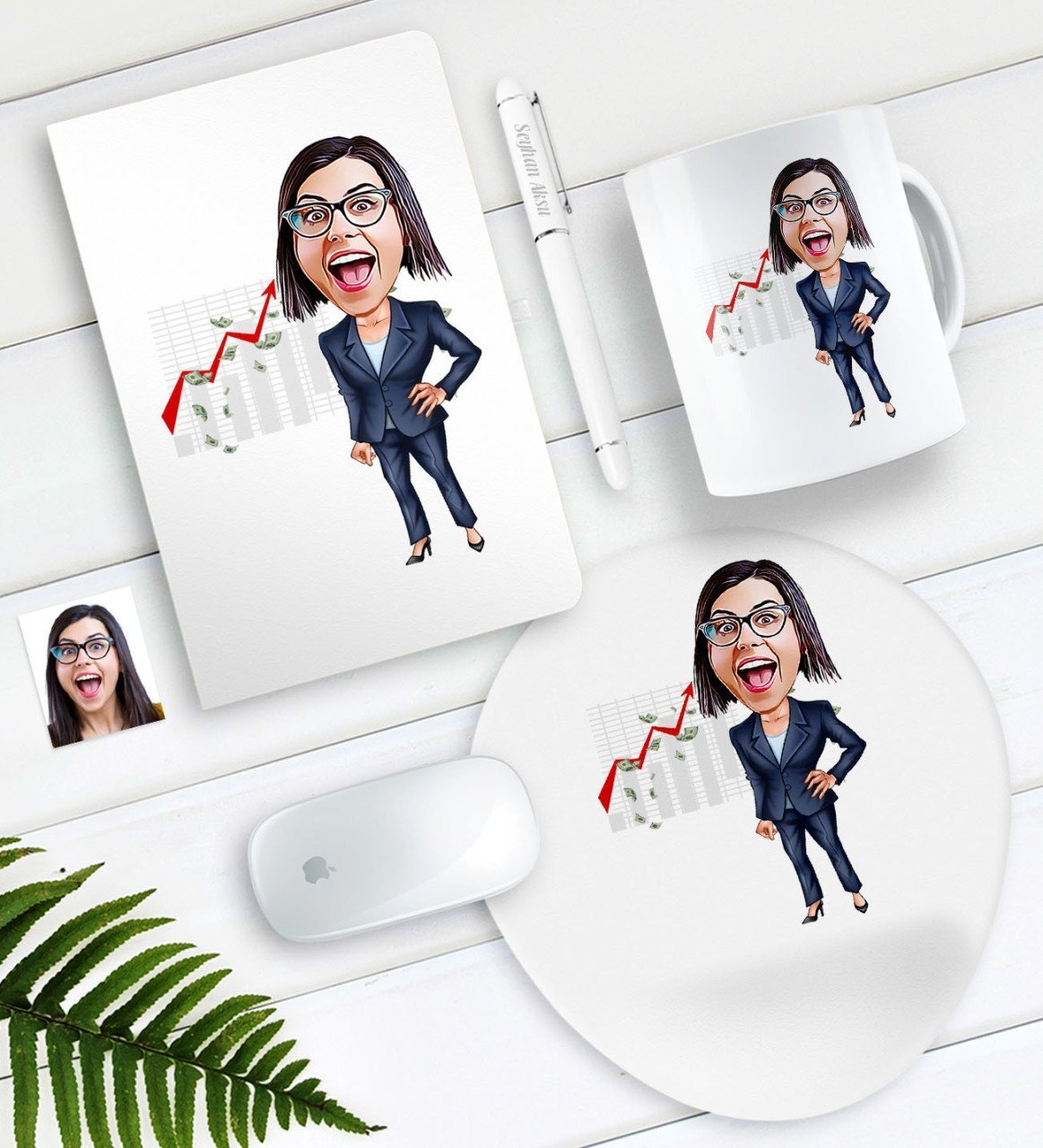 Kişiye Özel Bayan Patron Karikatürlü Defter Kalem Kupa Mouse Pad Seti-1
