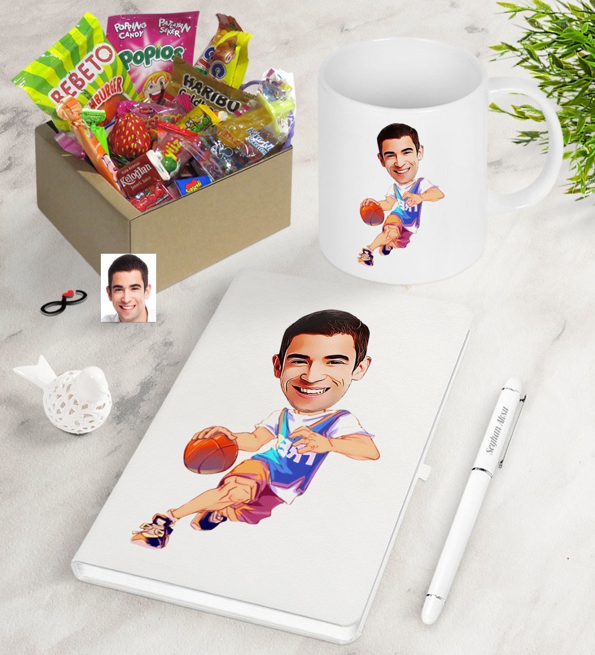 Kişiye Özel Bay Basketbolcu Karikatürlü Nostaljik Lezzetler Defter Kalem Kupa Hediye Seti-2