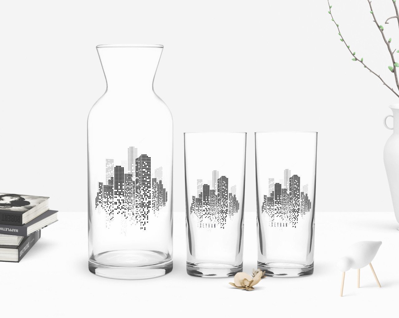 Kişiye Özel Renkli Baskılı City Tasarımlı İkili Rakı Bardağı ve Karaf Hediye Seti-1