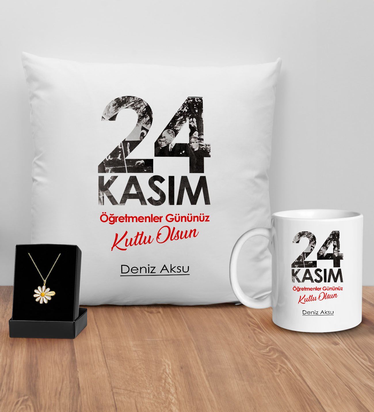 BK Gift Kişiye Özel Öğretmenler Günü Tasarımlı Beyaz Kupa Yastık ve İsimli Papatya Kolye Hediye Seti- 8, Öğretmene Hediye, Öğretmenler Günü