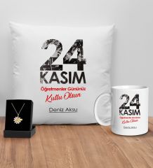 BK Gift Kişiye Özel Öğretmenler Günü Tasarımlı Beyaz Kupa Yastık ve İsimli Papatya Kolye Hediye Seti- 8, Öğretmene Hediye, Öğretmenler Günü