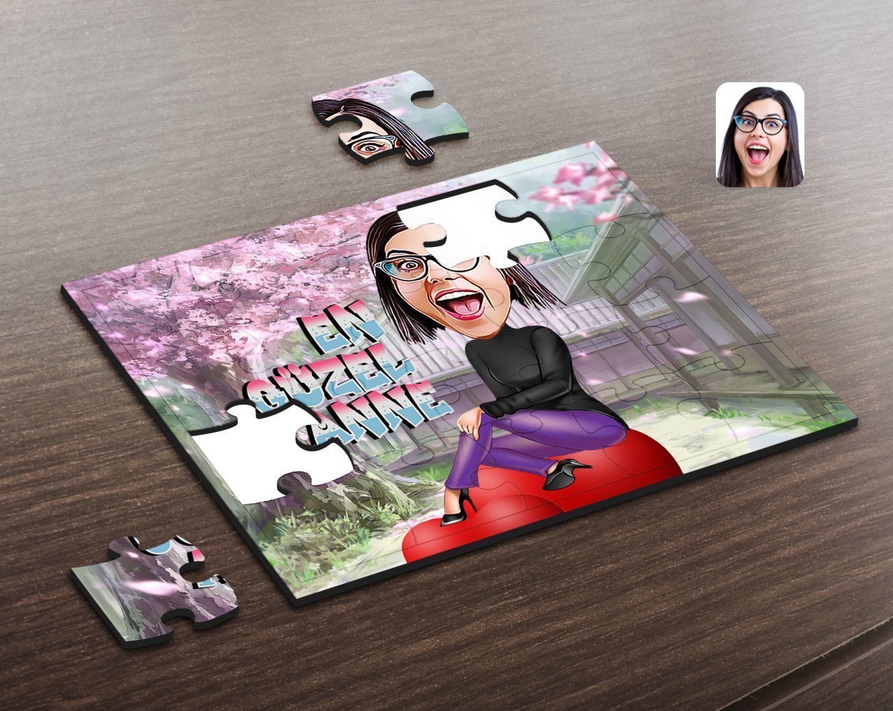 Kişiye Özel En Güzel Anne Karikatürlü Ahşap Puzzle-1