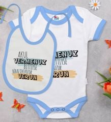 BK Kids Akul Vermenuz Bittiyse Tasarımlı Mavi Bebek Body Zıbın ve Mama Önlüğü Hediye Seti-1