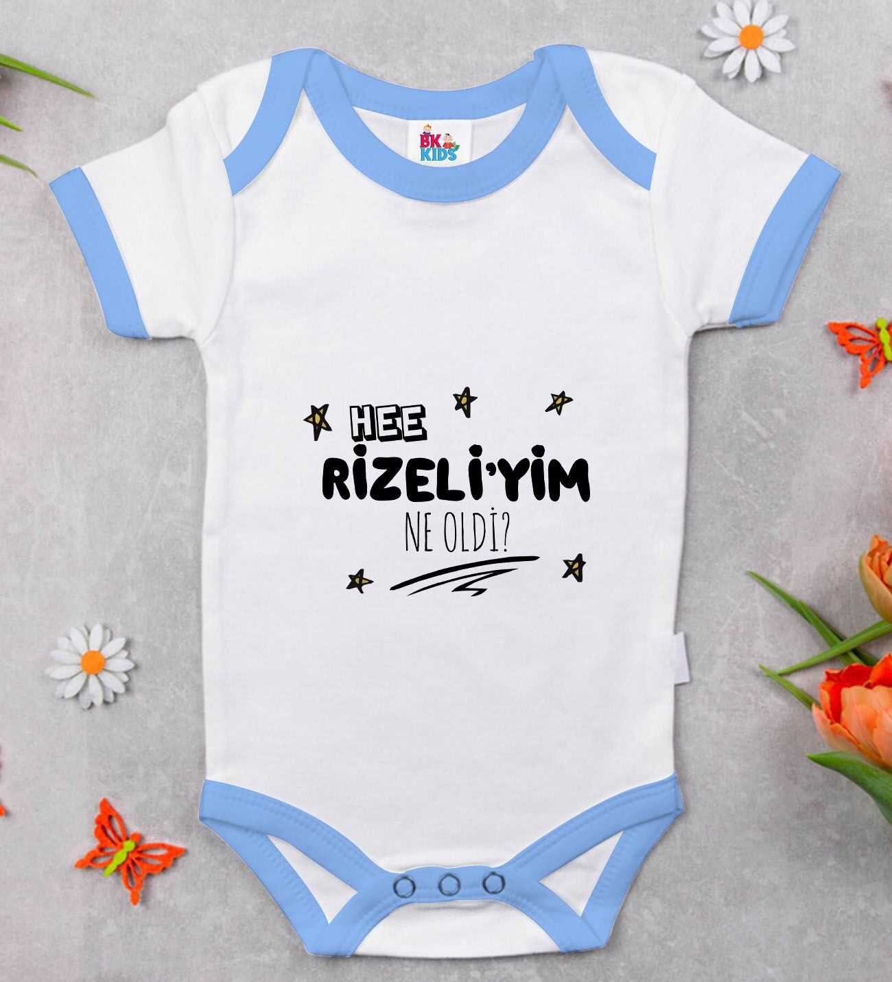 BK Kids Rizeliyim Ne Oldi Tasarımlı Mavi Bebek Body Zıbın-1