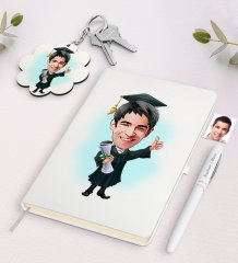 Kişiye Özel Erkek Mezun Karikatürlü Beyaz Defter Kalem ve Anahtarlık Hediye Seti
