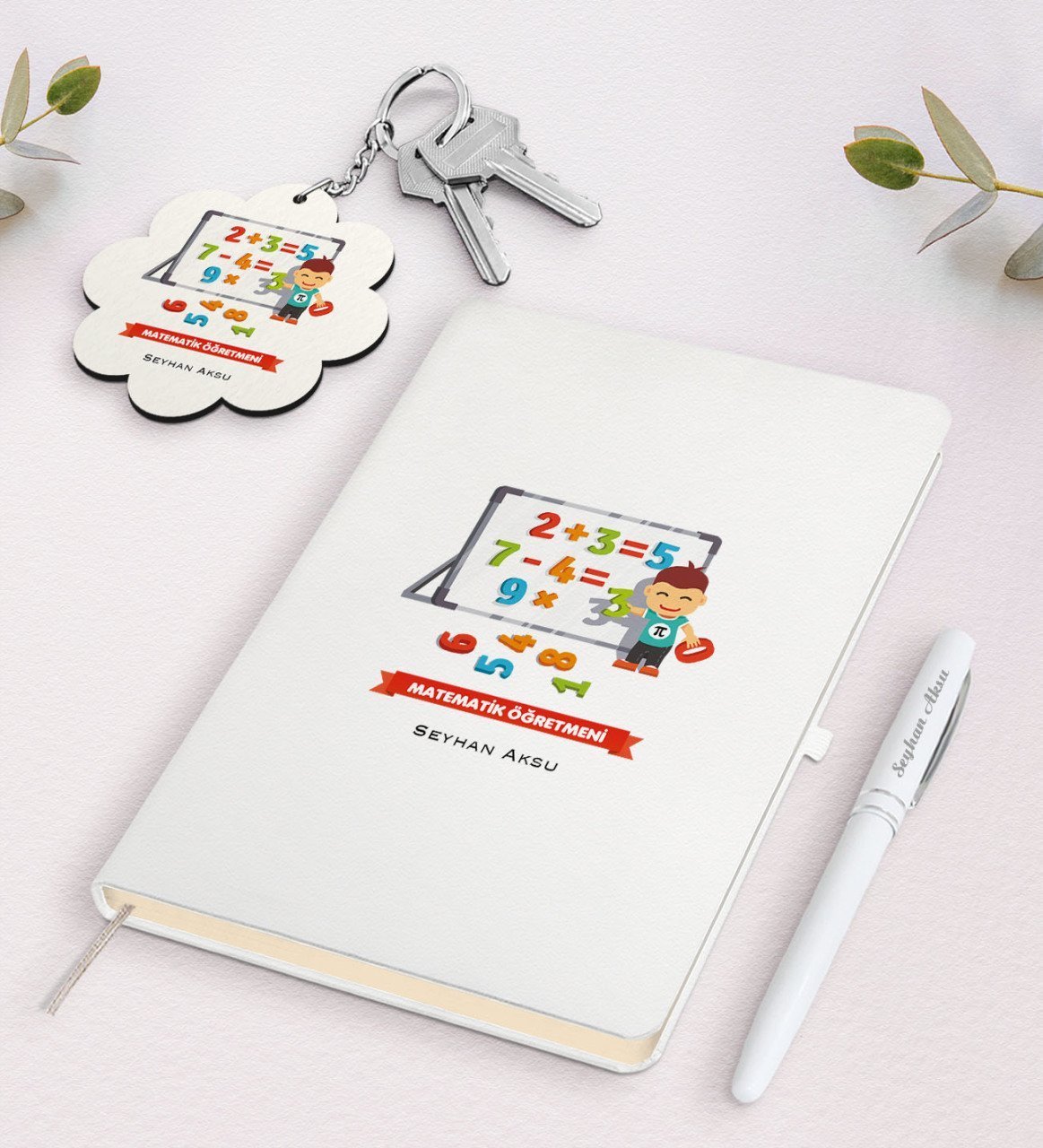 Kişiye Özel Matematik Öğretmeni Beyaz Defter Kalem ve Anahtarlık Hediye Seti-5