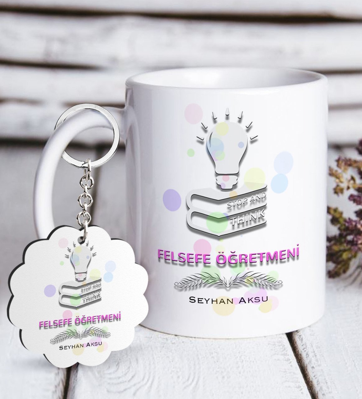 Kişiye Özel Felsefe Öğretmeni Beyaz Kupa ve Anahtarlık Hediye Seti-2