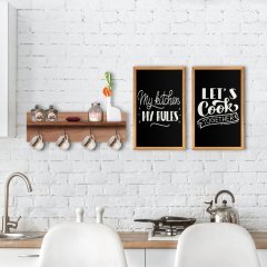 BK Home Doğal Ahşap Raflı Dekoratif Fincan Askılığı ve 2’li Mutfak Konseptli Ahşap Tablo-9