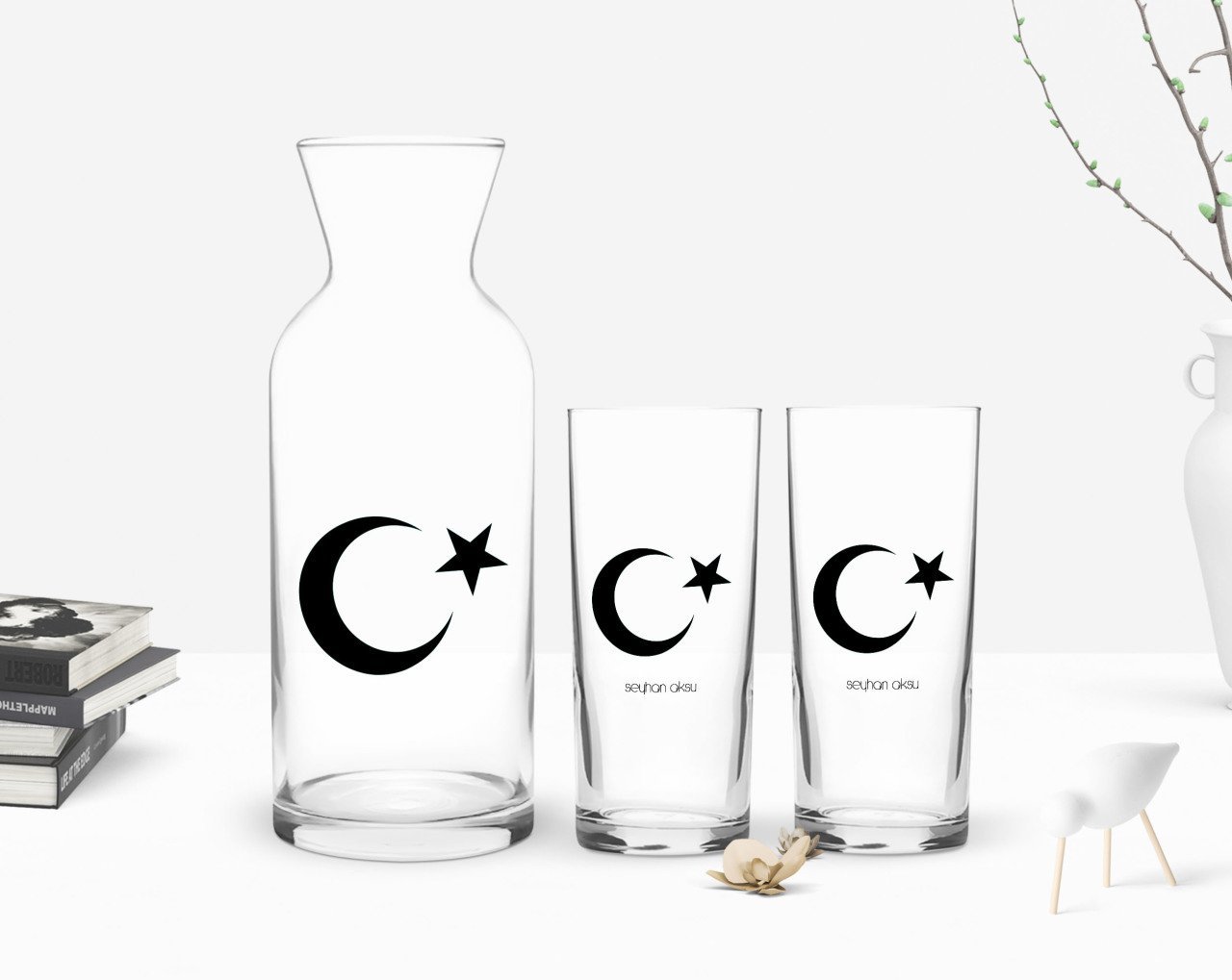 Kişiye Özel Renkli Baskılı Ayyıldız Tasarımlı İkili Rakı Bardağı ve Karaf Hediye Seti-1