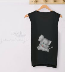 BK Gift Bebek Fil Tasarımlı Siyah Sıfır Kol Hamile Tişört-2, Hamile Giyim, Eşe Hediye