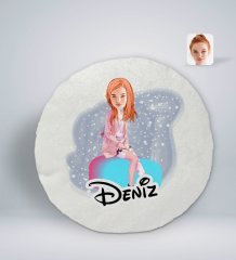 Kişiye Özel İsimli Kadın Karikatürlü Yuvarlak Araç Koltuk Yastığı-32