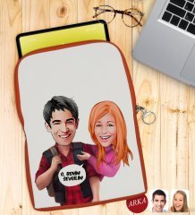 Kişiye Özel Sevgililer Karikatürlü Taşınabilir Koruyucu Tablet Kılıfı & Organizer Çanta - Turuncu-91