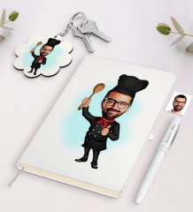 Kişiye Özel Erkek Master Chef Karikatürlü Beyaz Defter Kalem ve Anahtarlık Hediye Seti