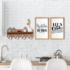 BK Home Doğal Ahşap Raflı Dekoratif Fincan Askılığı ve 2’li Mutfak Konseptli Ahşap Tablo-8
