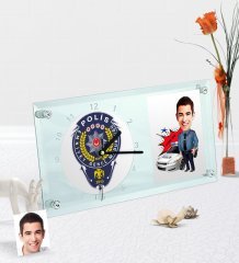 Kişiye Özel Bay Trafik Polisi Karikatürlü Masaüstü Cam Saat - 2