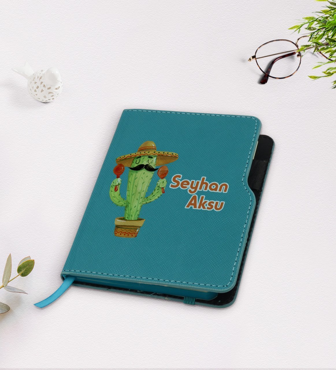 Kişiye Özel Kaktüs Tasarımlı Turkuaz Termo Deri Defter-7